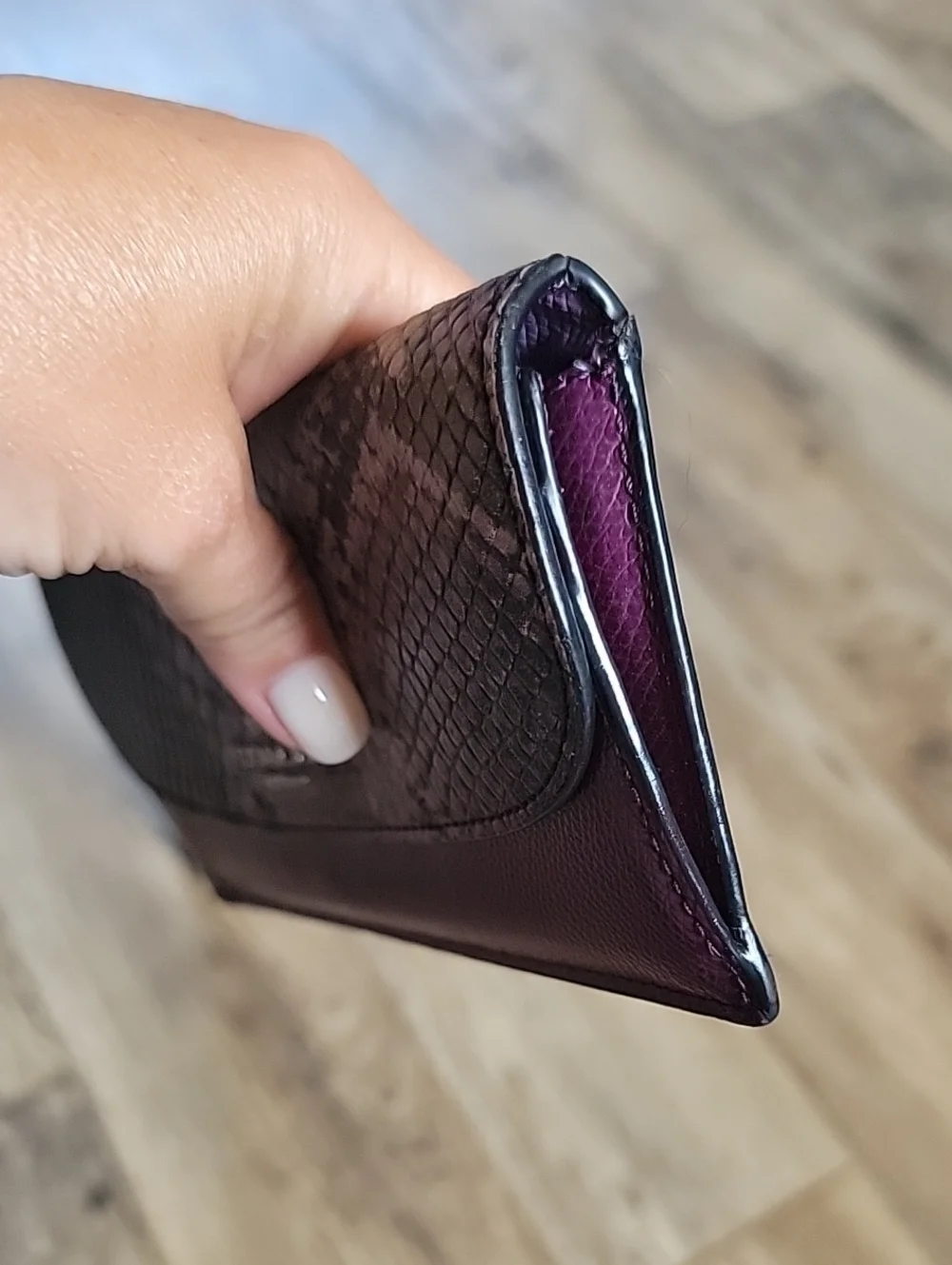 Coach Plum Leather Continental Wallet with Python-Print Envelope Style
